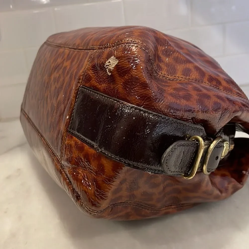 Coach Purse Handbag Leather Maggie Mia Ocelot Gloss Patent Hobo Shoulder Bag